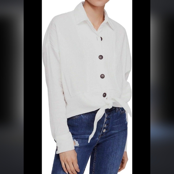 Free People Sun Streaks Tie Front Top Gauzy Button Up Tie Hem White Size Small - Picture 5 of 14